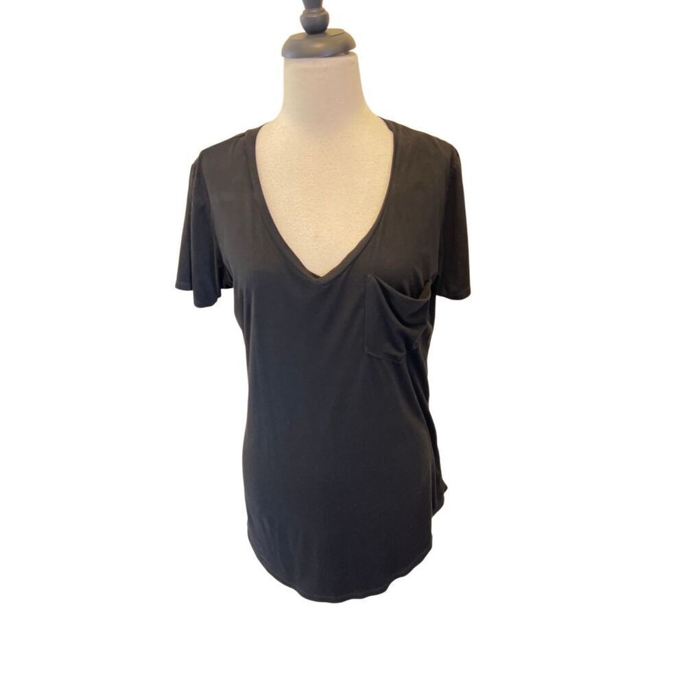 Another Love Women's V-neck Short Sleeve Faux Suede Pocket T-shirt Black Small
